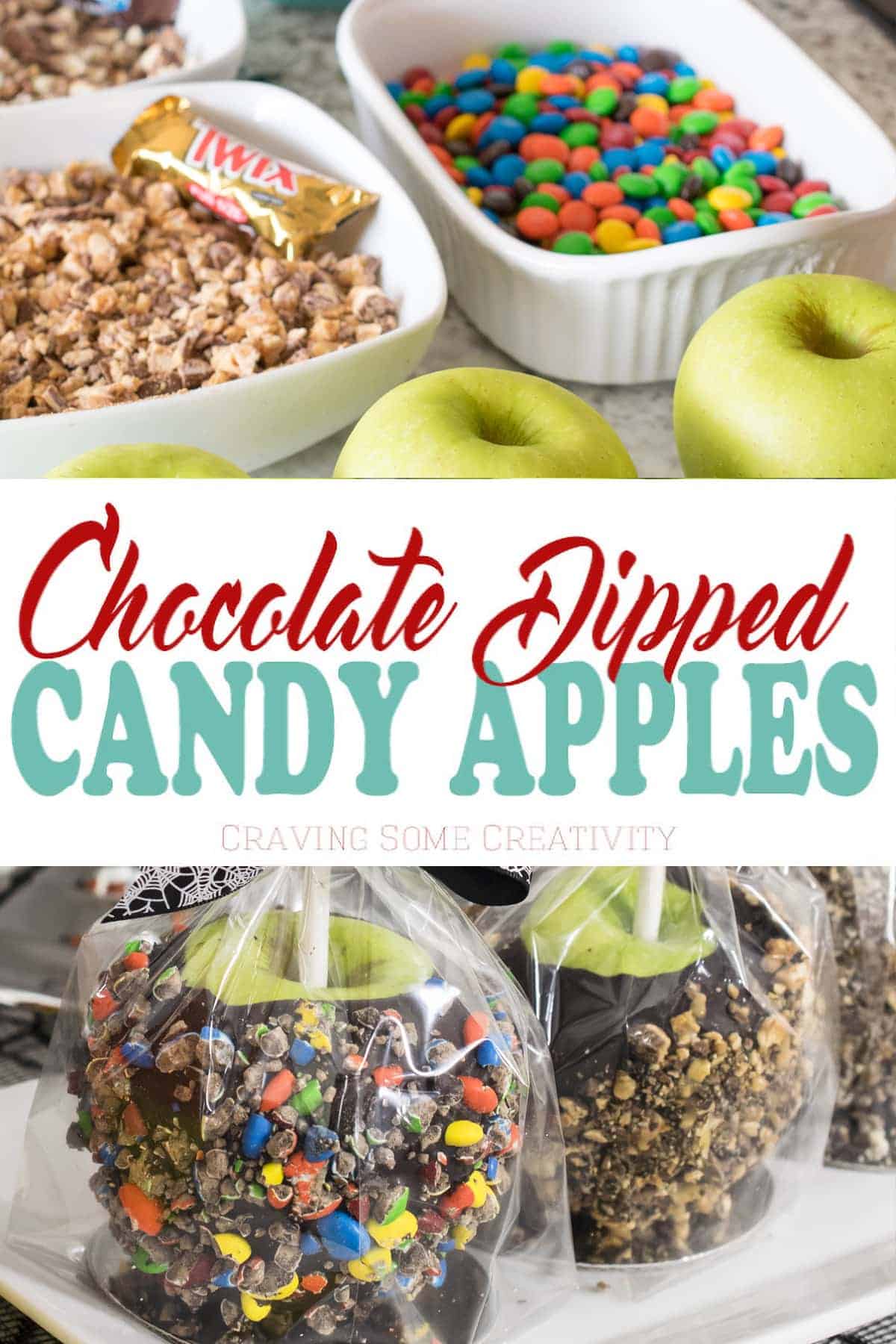 Collage of chocolate covered apples with post title.