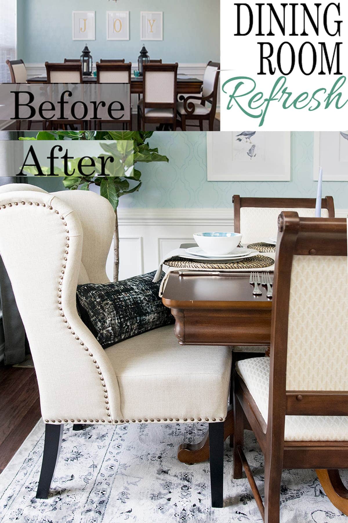 We did a complete dining room makeover in less than 6 weeks! The makeover budget was tiny. The dining room now has stenciled walls and a traditional style. Check out all the before and after photos!