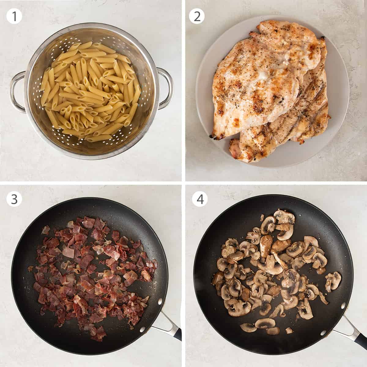 Steps to making chicken marsala including cooking the pasta, chicken, prosciutto, and mushrooms.