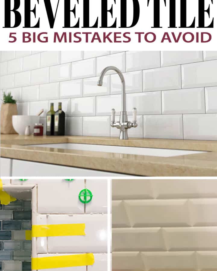 Collage of beveled tile installation tips including using a ledger board, making complex cuts, and grouting subway tile.