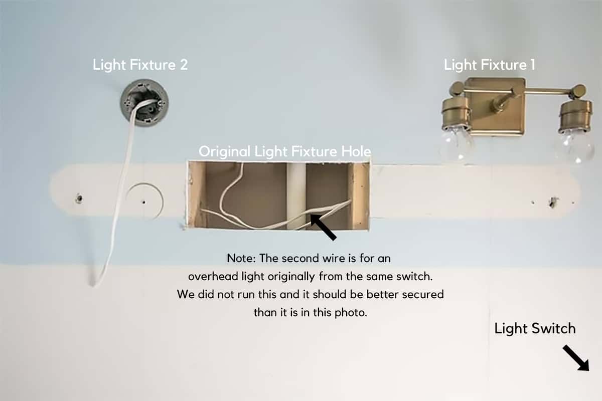 In progress illustration of creating a daisy chain to install two light fixtures.