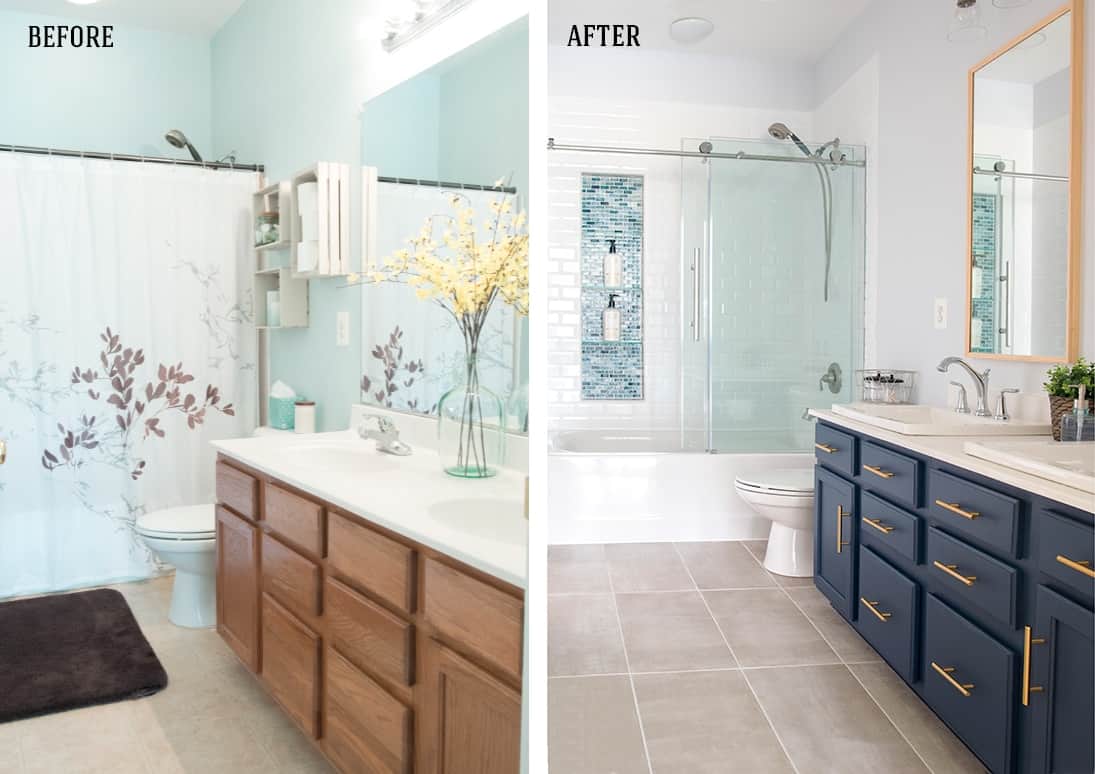 Before and after photo of modern classic bathroom renovation.