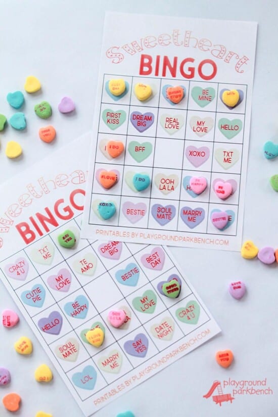 Bingo cards with conversation hearts on them.