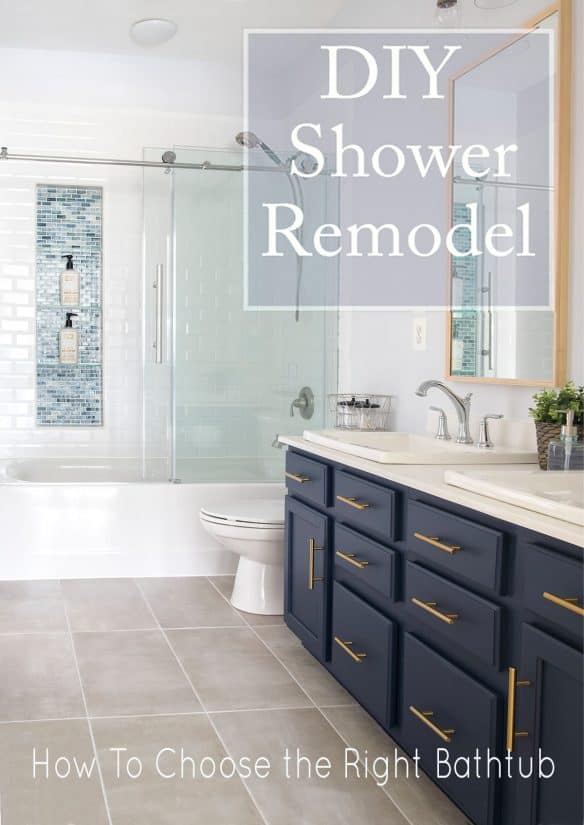 Navy and white bathroom with glass shower and title "DIY Shower Remodel"