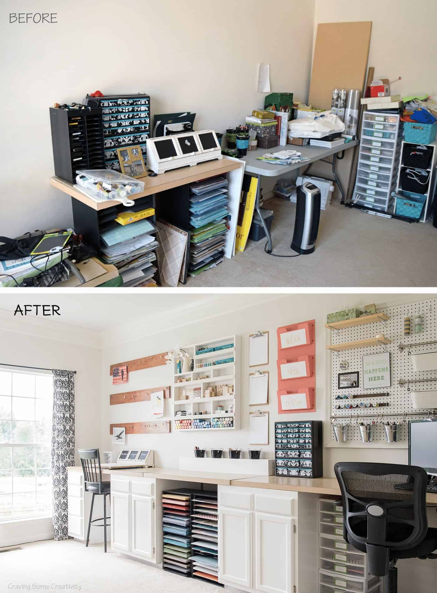 Craft room office makeover before and after.