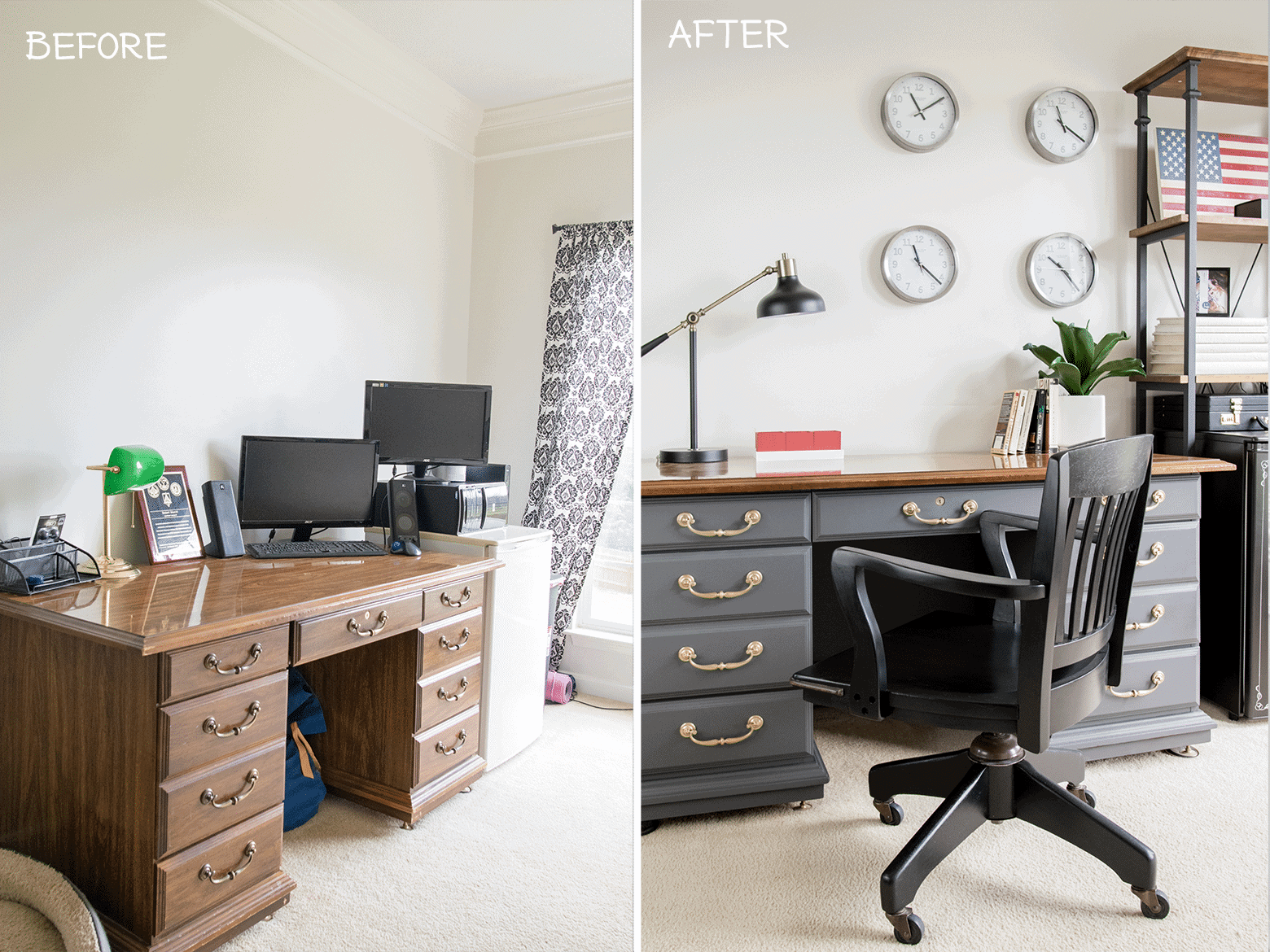 Before and after of an office makeover with grey desk and black chair.