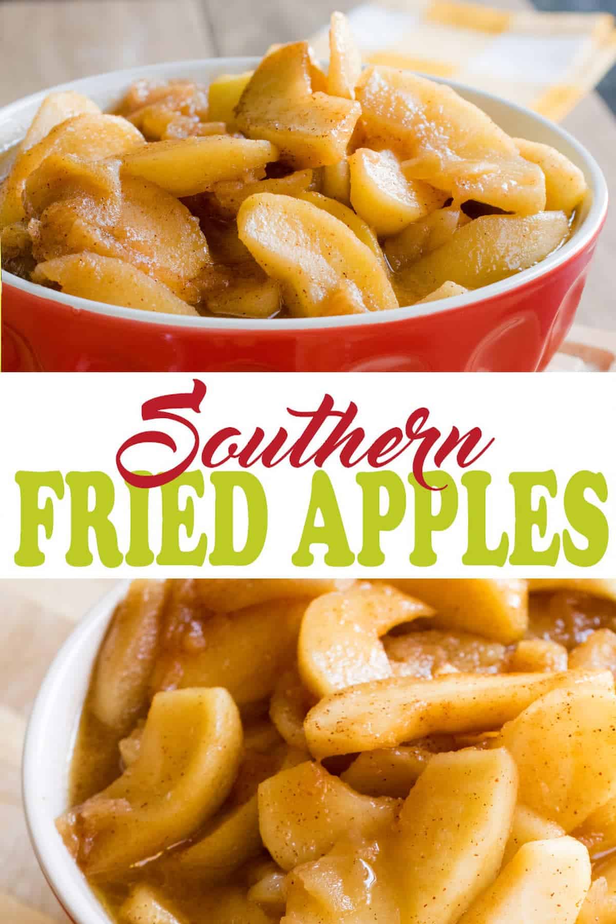 Southern Fried Apples with Cinnamon in red bowl with post title.