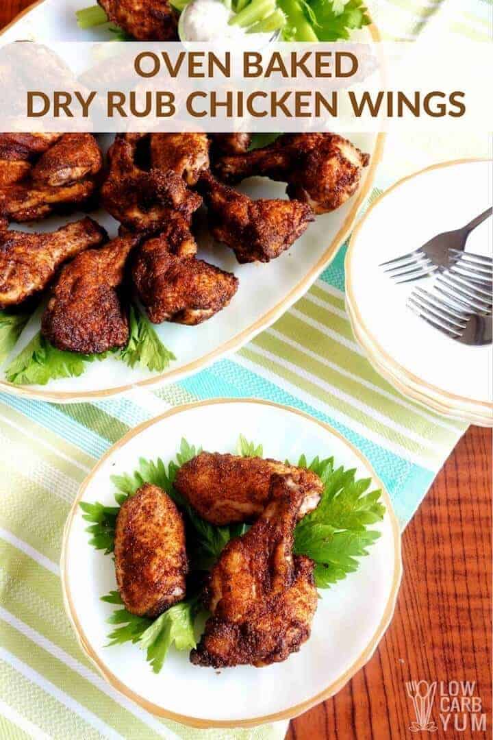 Oven Baked Dry Rub Chicken Wings served on white plates with greens as garnish