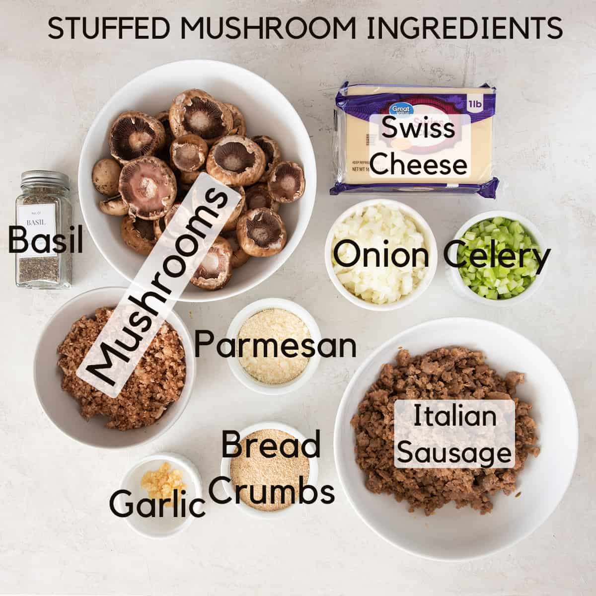 Stuffed mushroom recipe ingredients with text labels.