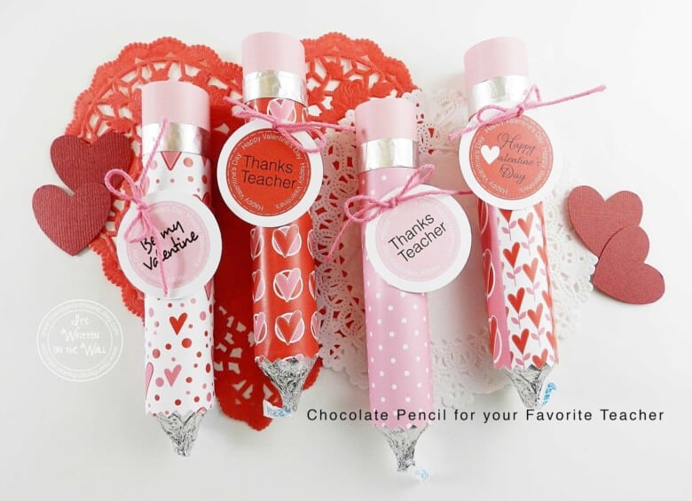 Rolo filled valentine pencil craft for teacher appreciation with four pencils with unique sayings.