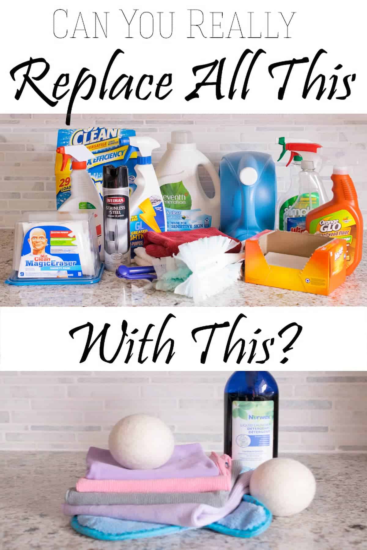 collage asking if you can replacing all household cleaners with Norwex cleaning cloths