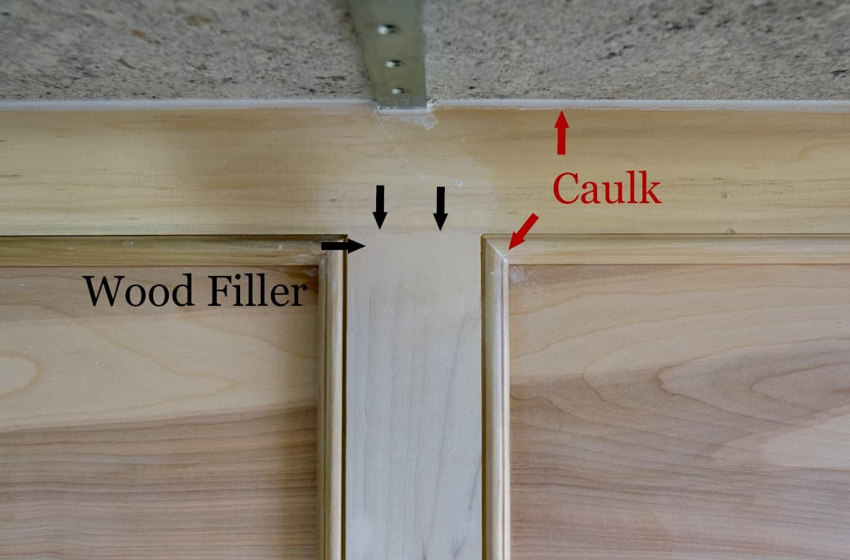 Diagram of where to caulk and fill nail holes, seams and joints for professional woodworking and trim.