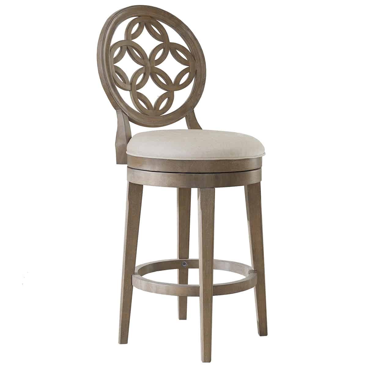 Stylish bar stool with decorative wood back and soft cushion.