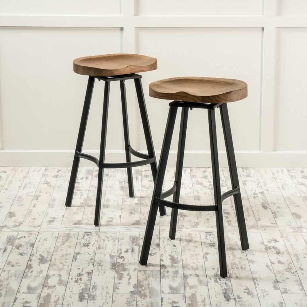 Industrial bar stools with wood tops at bar height.