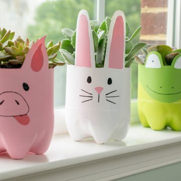 Plastic bottle animal planters on a window sill. Includes a pig, rabbit, and frog planter.