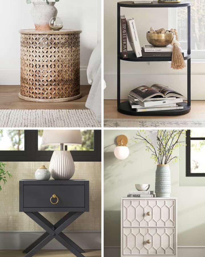 Collage of narrow bedside tables to fit small bedrooms.