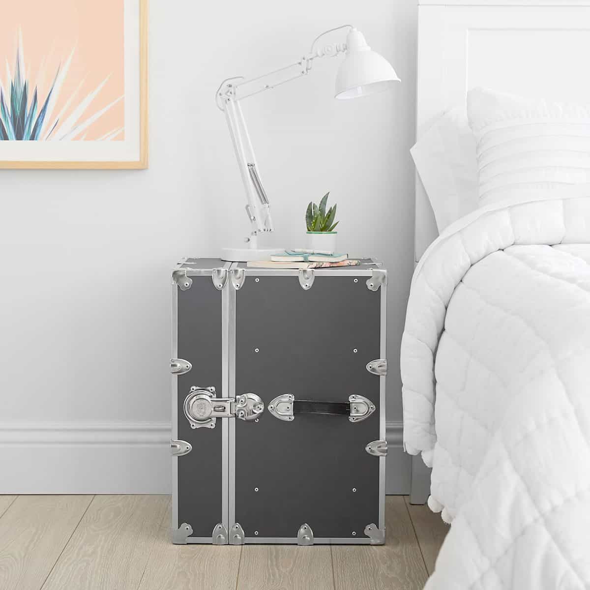 Black trunk bedside table features chrome accents adorned with small potted succulent, book, and flexible white study lamp. 