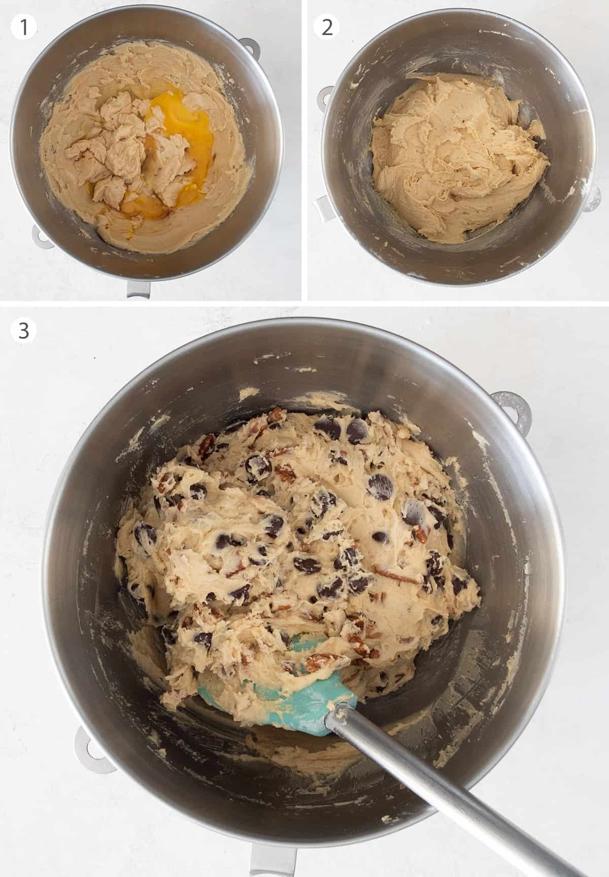 Steps to making a chocolate chip cookie batter.