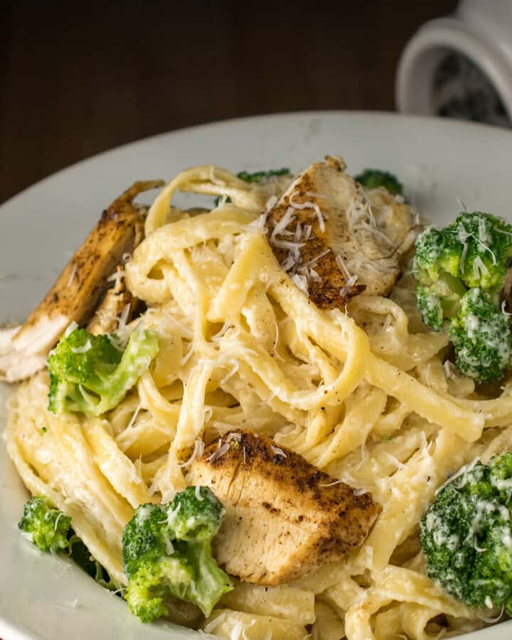 Blackened chicken alfredo pasta closeup in a bowl with parmesan cheese and broccoli.