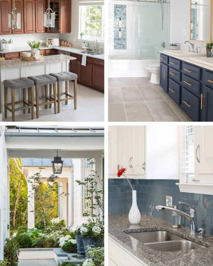 Collage of budget home improvement ideas including backsplash, painting cabinets, and new bedding.