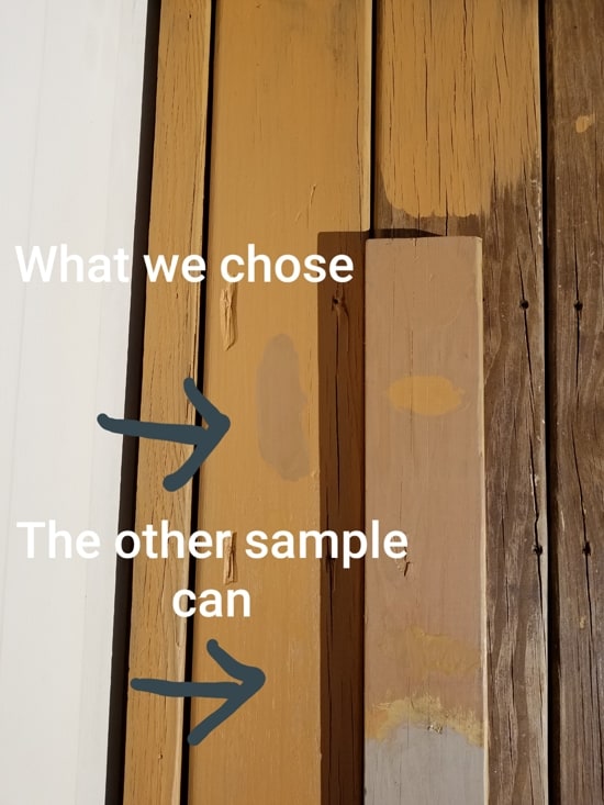 Side by side comparison of deck pieces displaying mismatched stain colors.