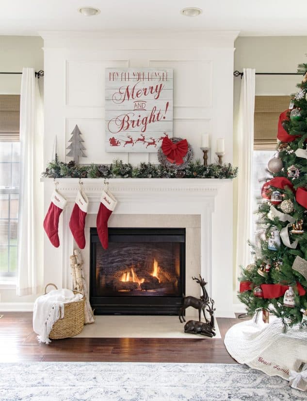 Christmas fireplace and mantle decor with red and white decorations in the living room.