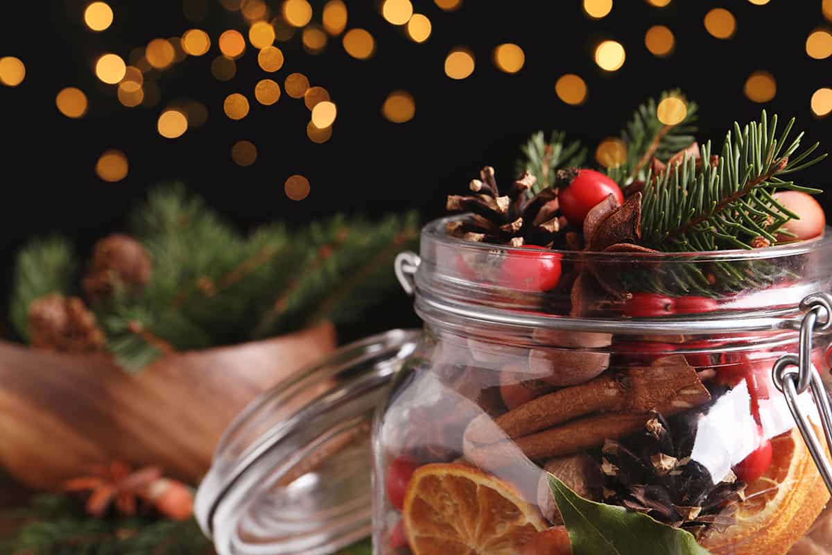 Christmas potpourri with anise, pine, oranges, and cranberries in front of twinkling Christmas lights.