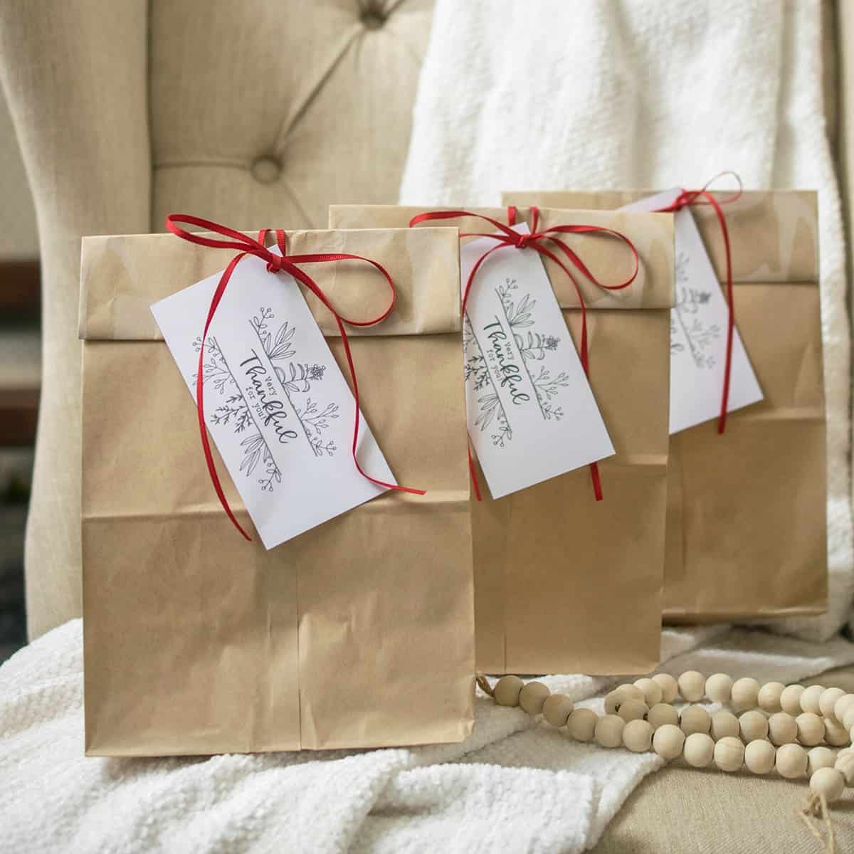 Brown paper bags with white tags and red ribbon for packing leftovers for guests.