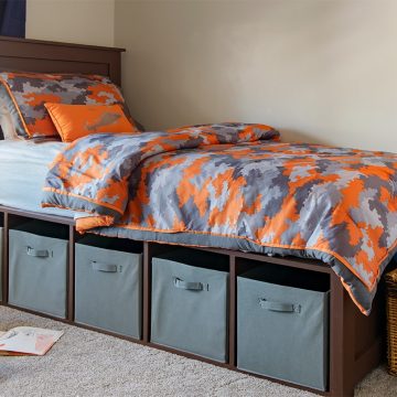 DIY Bed Frame design with storage underneath for cubbies and baskets.