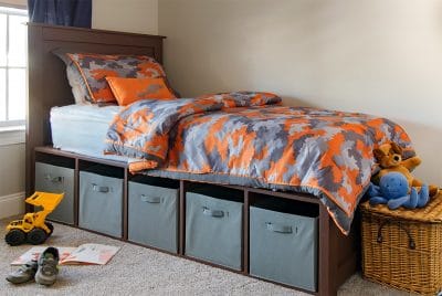 DIY Bed Frame design with storage underneath for cubbies and baskets.