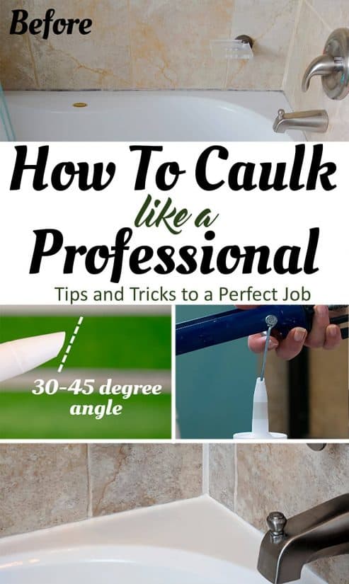 Collage of steps to caulk a bathtub with title that readsThe definitive guide to caulking a bathtub or shower like a pro. Follow these caulking tips and tricks (with photos and video) for a perfect caulk job that will last for years!