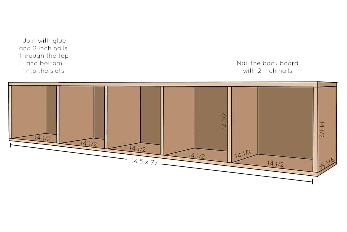 Building plans with measurements of platform bed with storage underneath.