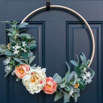 Embroidery hoop wreath with pink and white peonies and lambs ear.