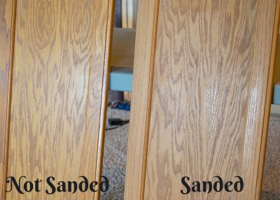 Two cabinet doors showing how much to sand before and after.