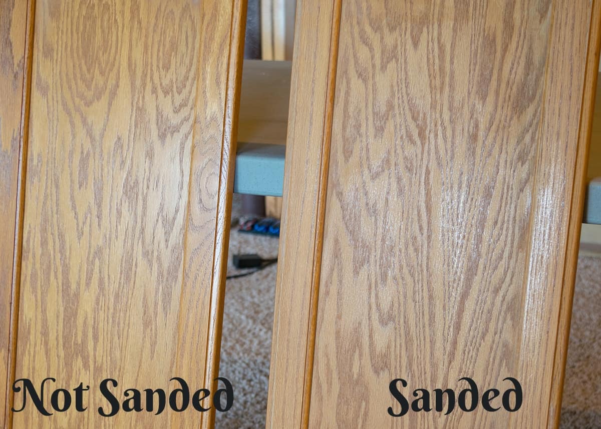 Comparison of  unsanded cabinet door versus cabinet door.