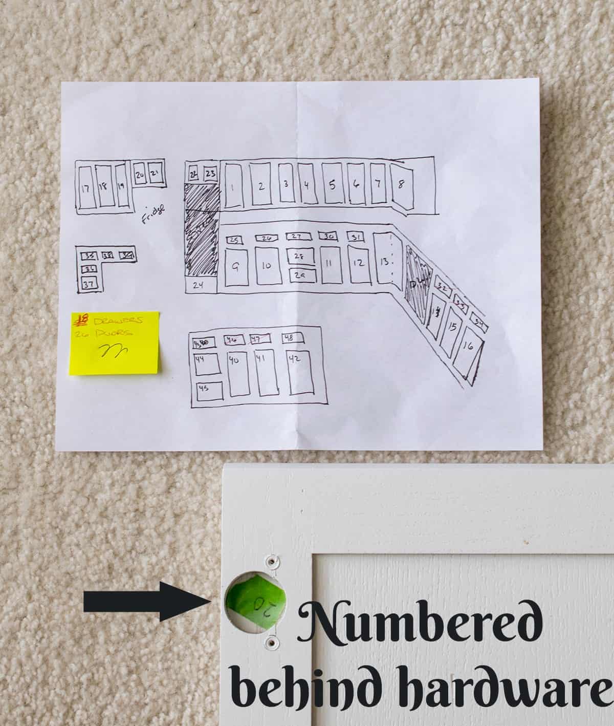 Paper drawing with numbered cabinets and labelled corner of white cabinet for reassembly.