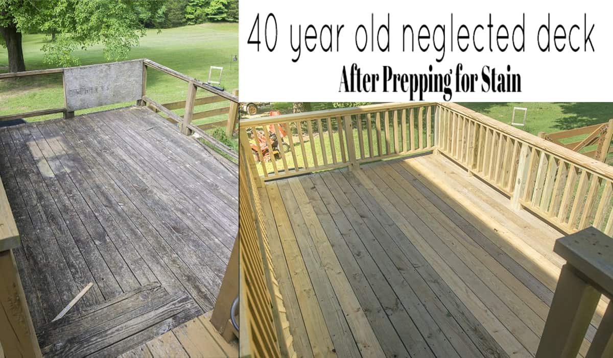 After photo comparison of pressure washed deck next to before pic of deck.