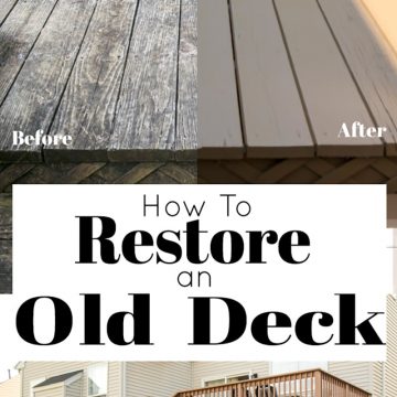 collage of before and after refinishing an old deck