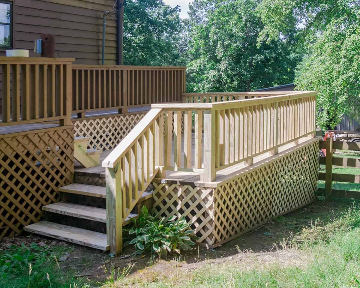 Rebuilt deck railing and skirting from the front view.