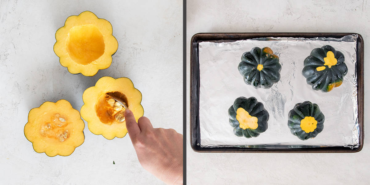 Collage of how to prep acorn squash including coring and removing seeds.
