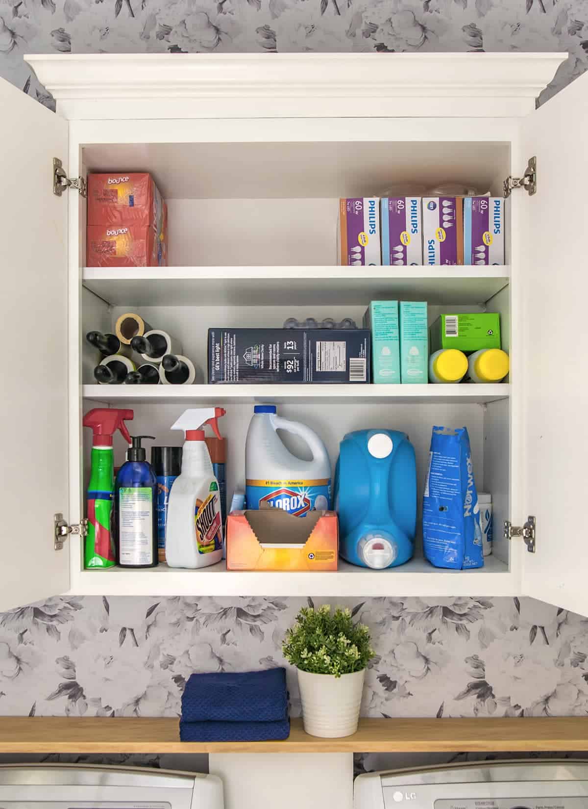 Inside of a laundry cabinet with storage for detergent, light bulbs, and cleaning supplies.