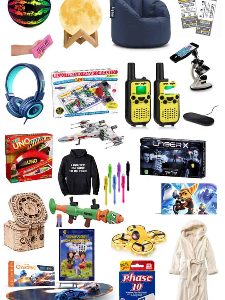 Tween Boy gift guide with examples of gift ideas including bean bag, puzzles, games, electronic toys, and clothing.