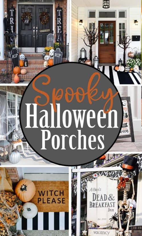 Collage of porches decorated for Halloween..