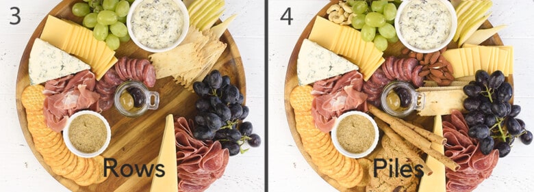 Step 3 and 4 to making a charcuterie tray including adding rows and piles of crackers and meats.