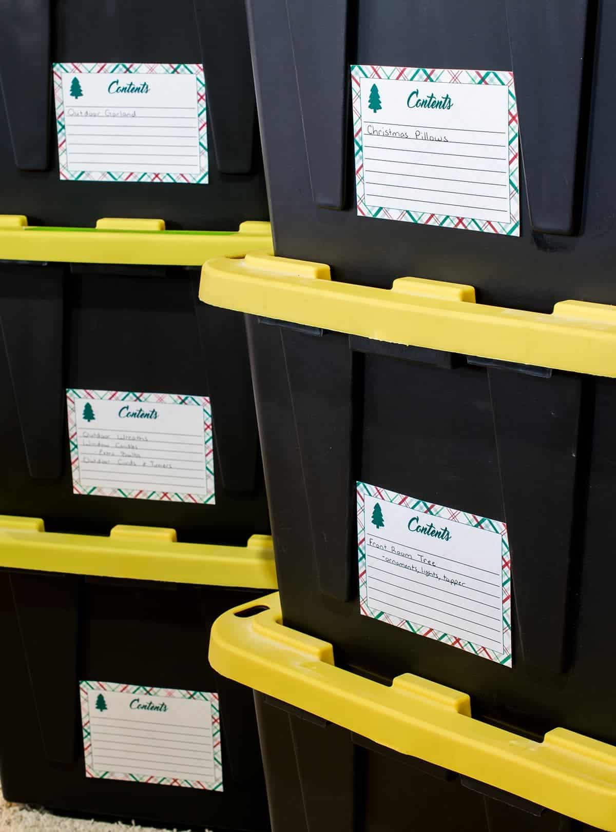 Christmas storage bins with free printable labels.