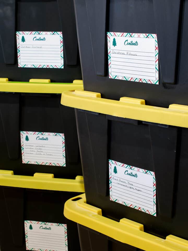 Christmas storage bins with free printable labels.