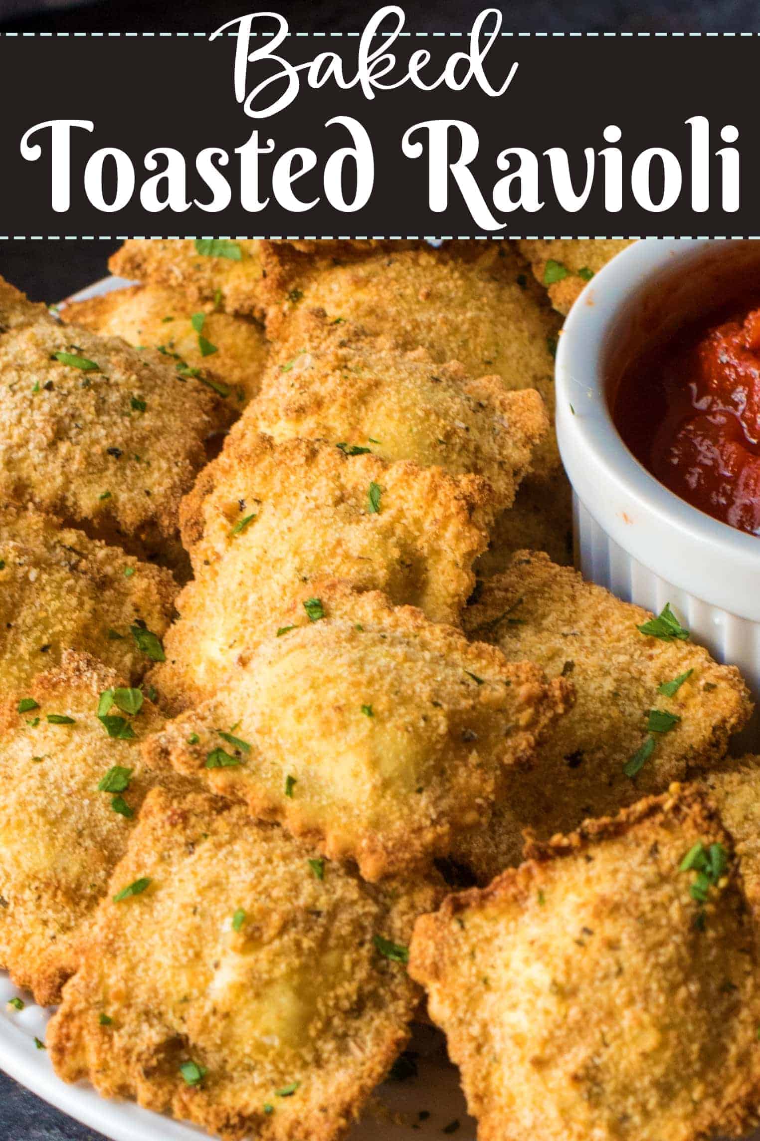 Toasted Ravioli piled on a plate with marinara in white cruet on the side.