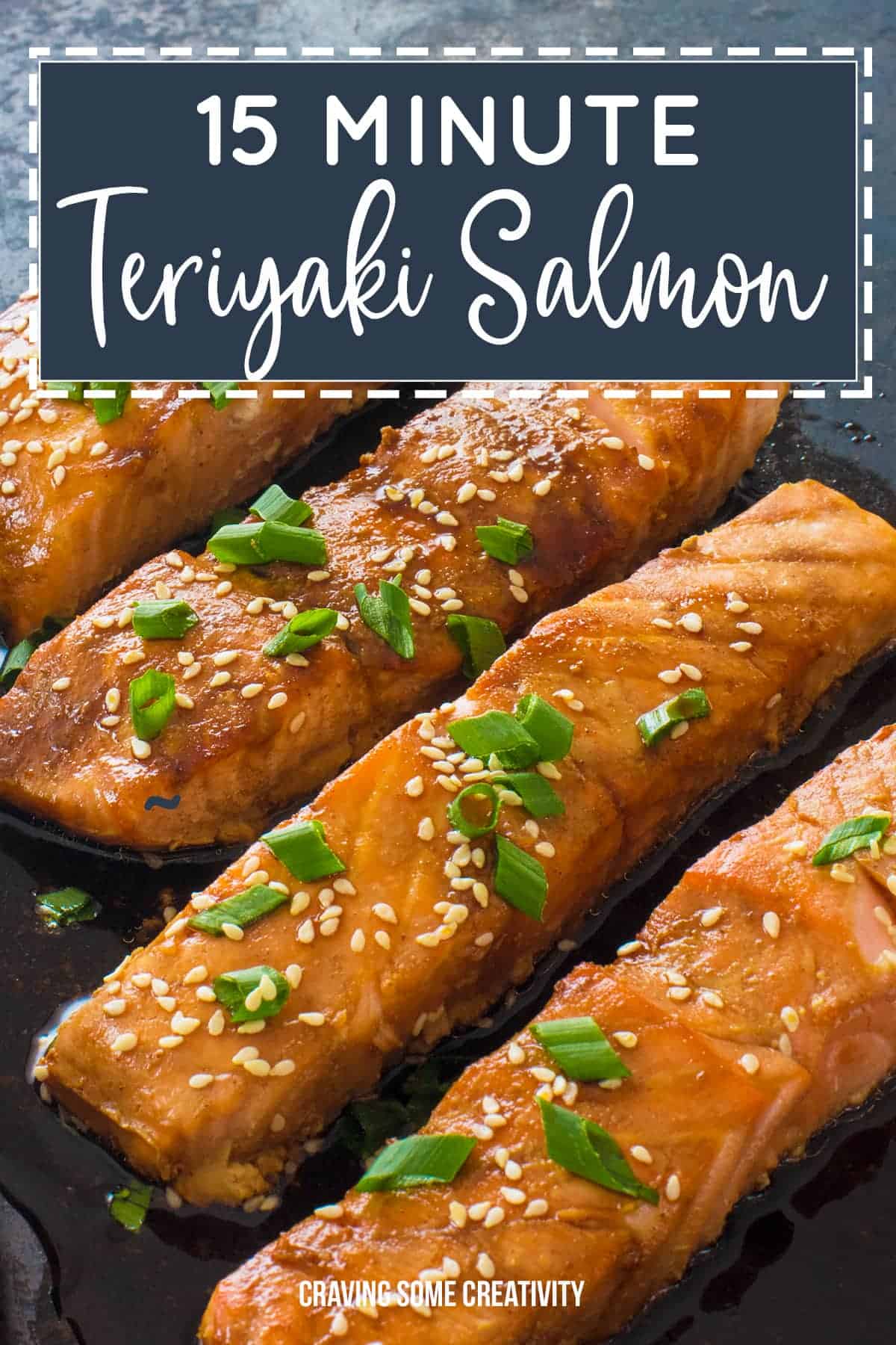 Baked Teriyaki Salmon filets topped with sesame seeds and sliced green onion. 