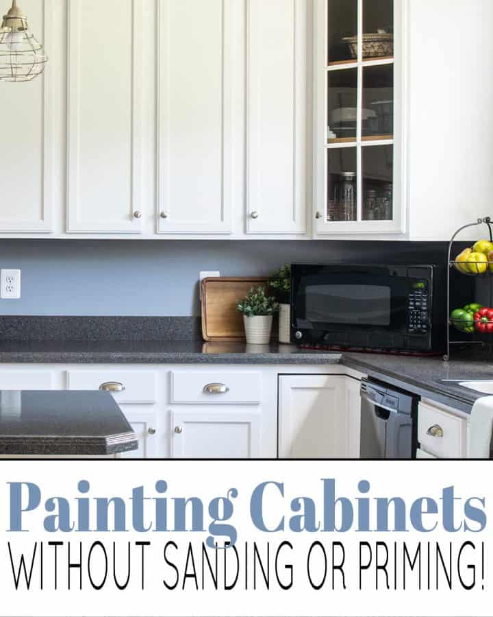 Painting cabinets without sanding or priming in a white kitchen.