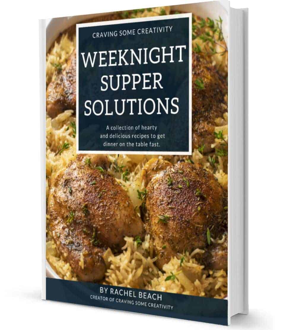 Cookbook cover of Chicken and Rice casserole. The cookbook is titled Weeknight Supper Solutions